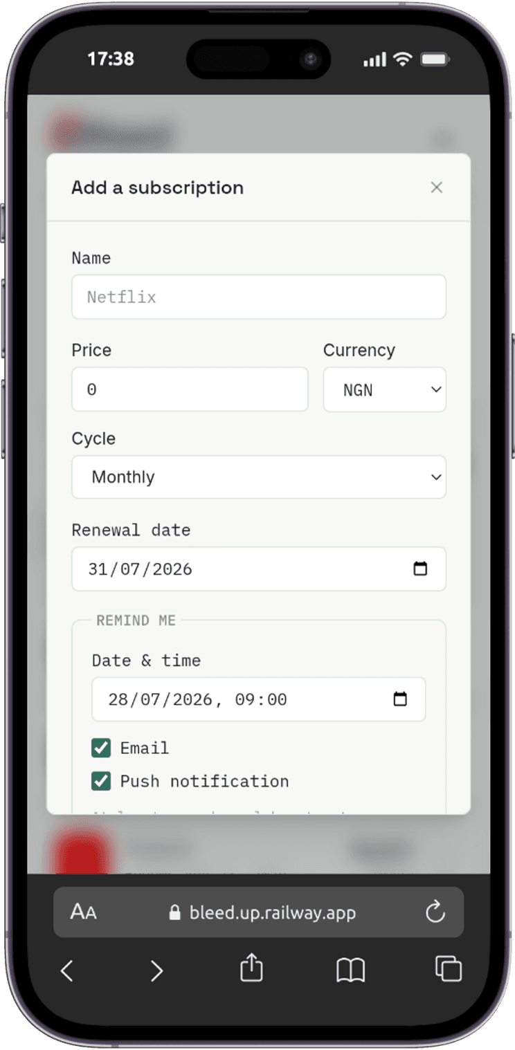 Bleed Add Subscription Modal Interface